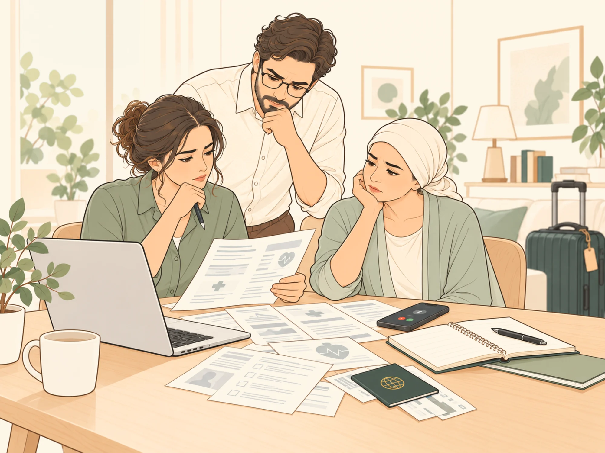 A family at home going through medical reports, a laptop, a phone call and notes, unsure what their loved one needs