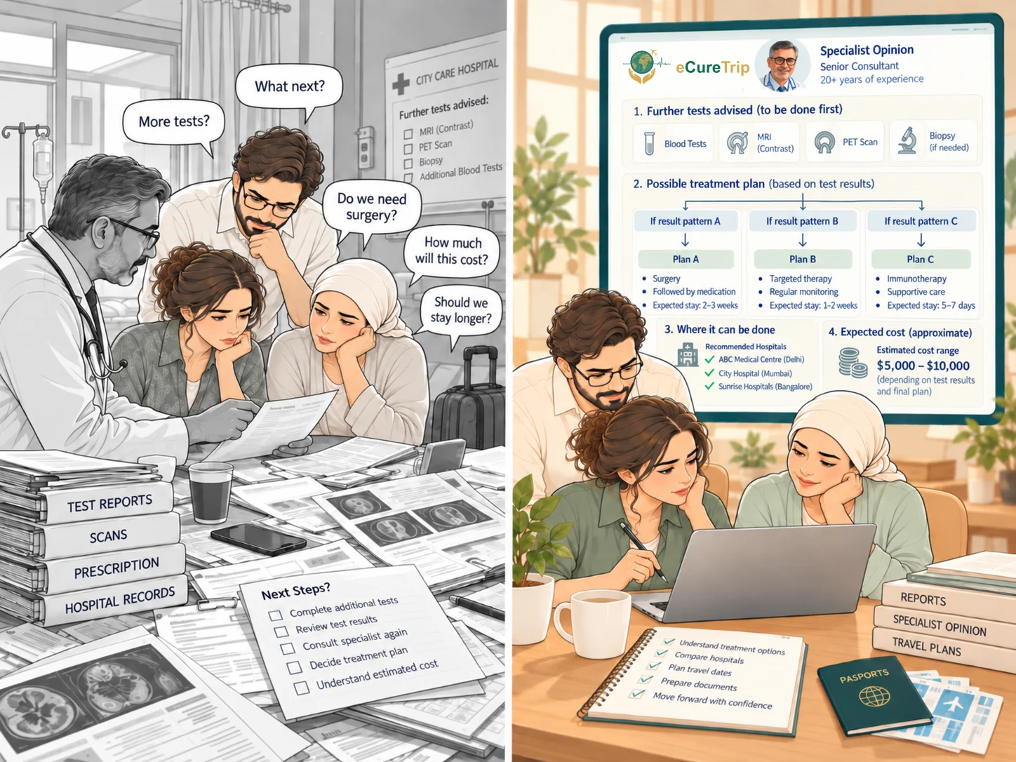Usually: a family in hospital facing more tests and unanswered questions. With eCureTrip: the same family at home reviewing a specialist opinion with tests, treatment plans, hospitals and expected cost.