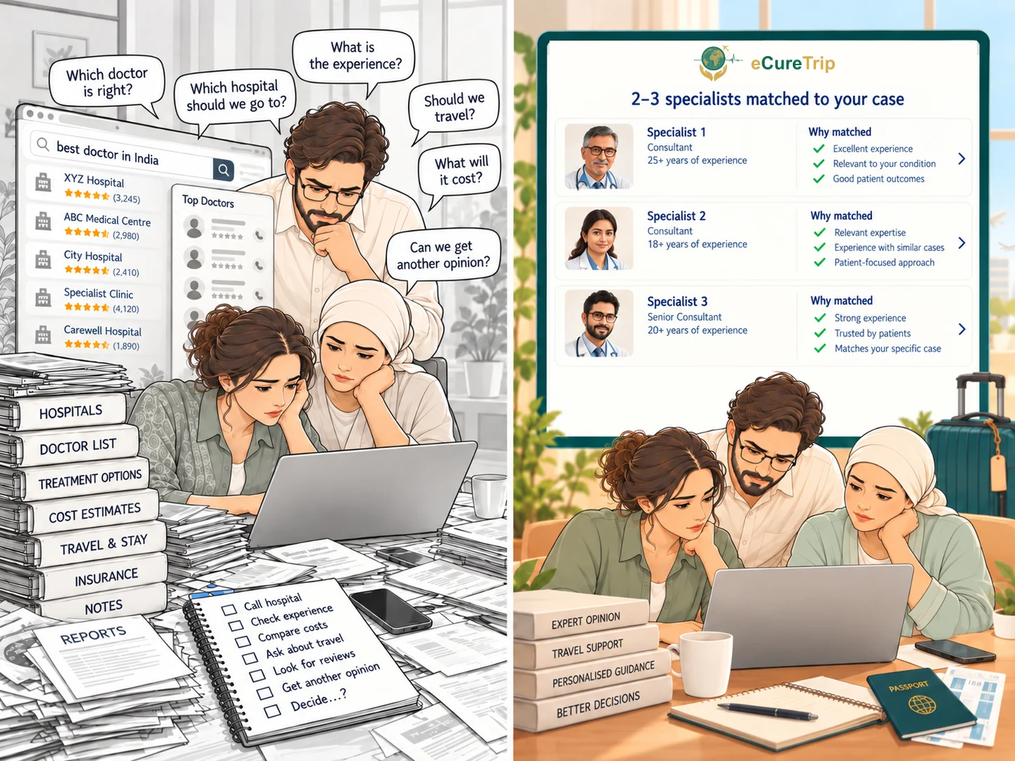 Usually: a family overwhelmed by search results, doctor lists and paperwork. With eCureTrip: the same family calmly reviewing 2-3 matched specialists on screen.