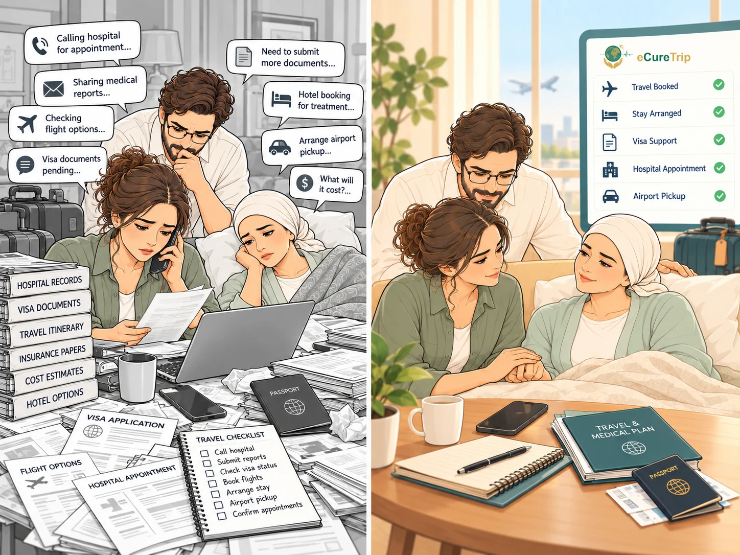 Usually: an attendant juggling calls, visa papers, flights and hotel bookings while caring. With eCureTrip: the family calmly together while travel, stay, visa, hospital appointment and airport pickup are all arranged.